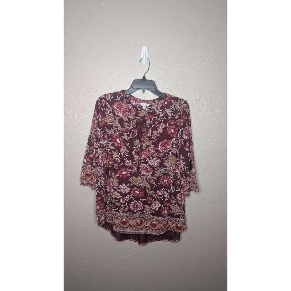Lucky Brand Womens Plus 1X Red Floral 3/4 Sleeve V-Neck Viscose Tunic Top